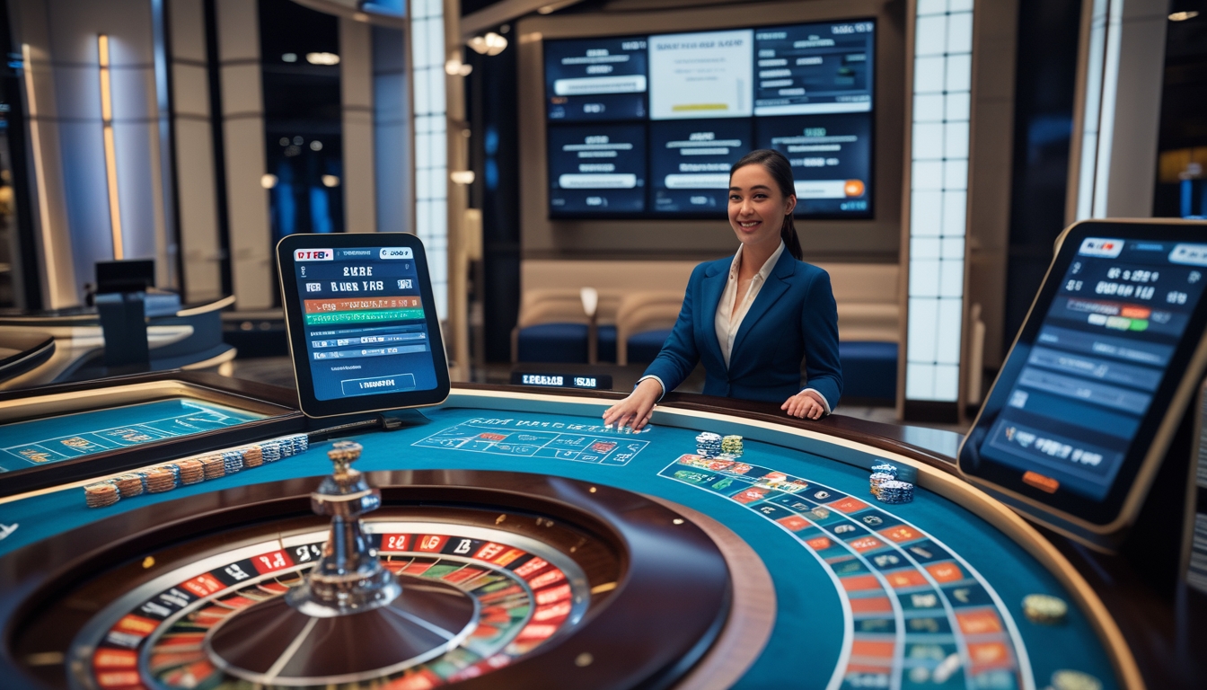 Seorang dealer live yang ramah sedang memutar roda roulette di meja permainan online dengan layar digital dan antarmuka taruhan di latar belakang kasino modern.