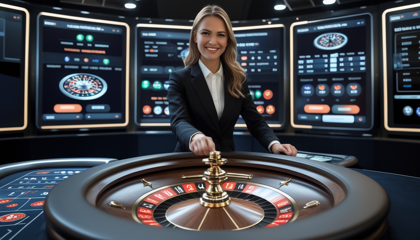 Seorang dealer wanita profesional di studio kasino modern sedang memutar roda roulette dengan layar digital di latar belakang.