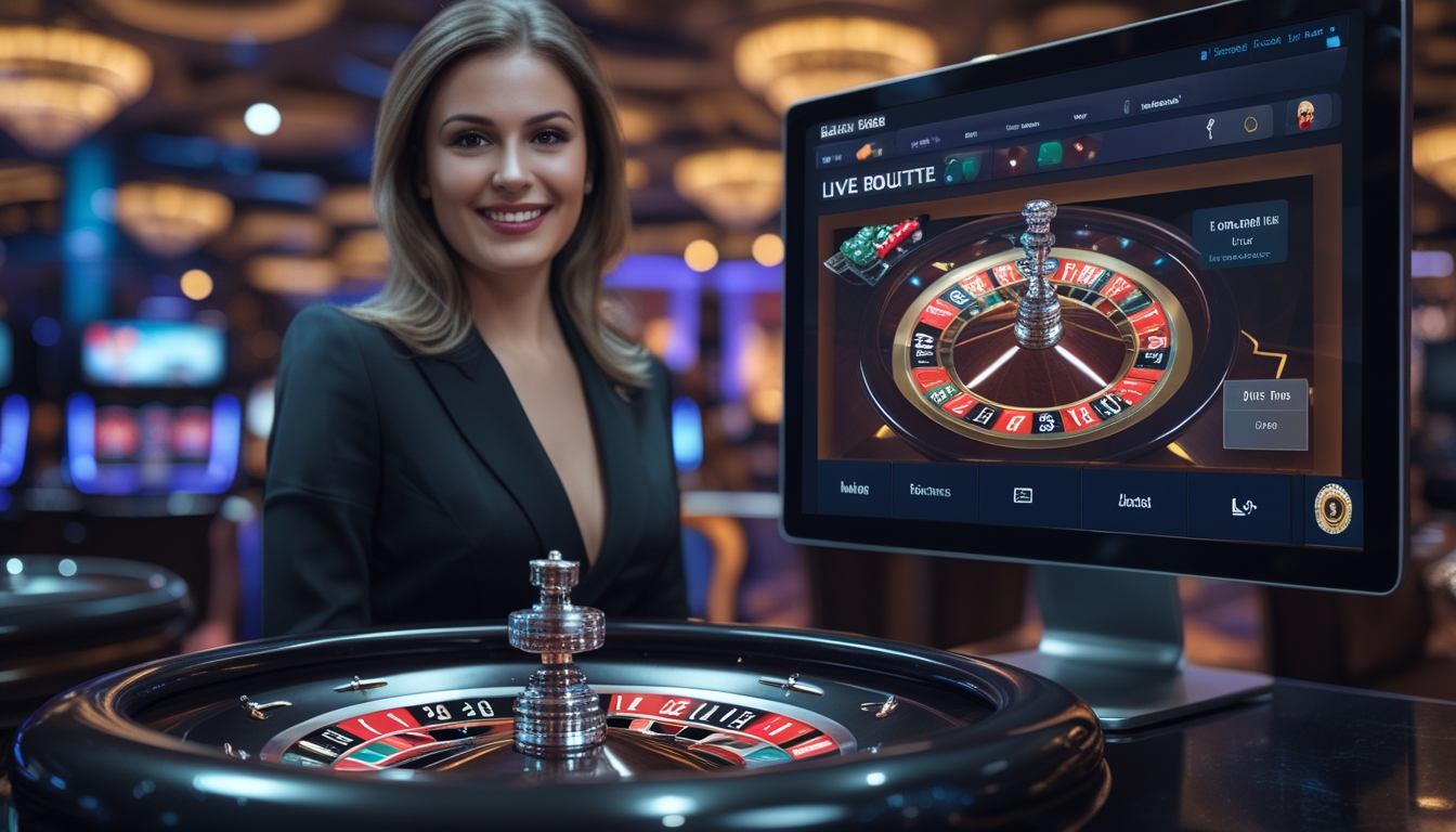 Seorang dealer wanita sedang mengoperasikan permainan roulette langsung di depan komputer dengan roda roulette yang berputar dan tampilan permainan online di layar.