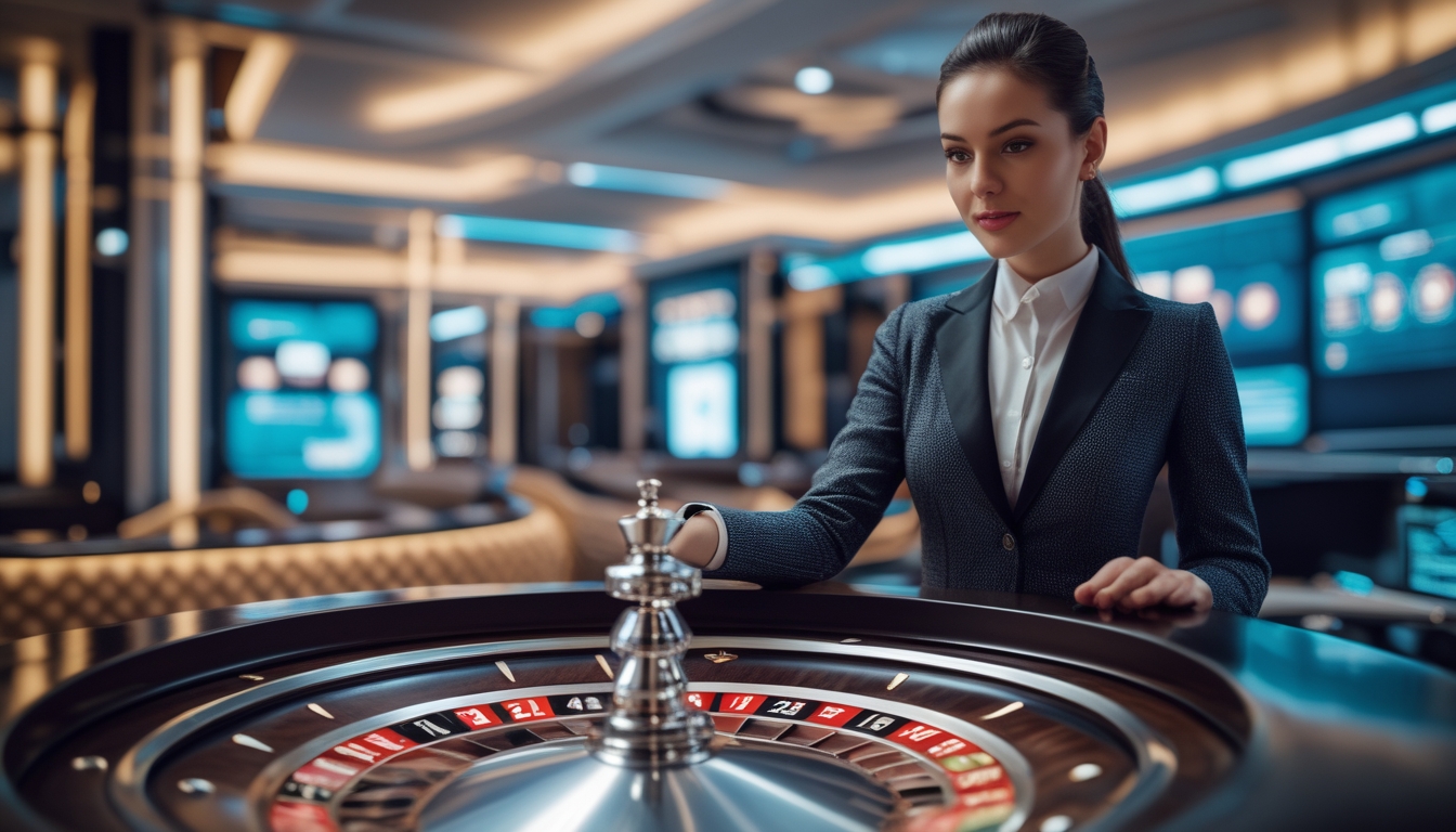Seorang dealer wanita sedang memutar roda roulette di meja kasino dengan suasana modern dan cerah.