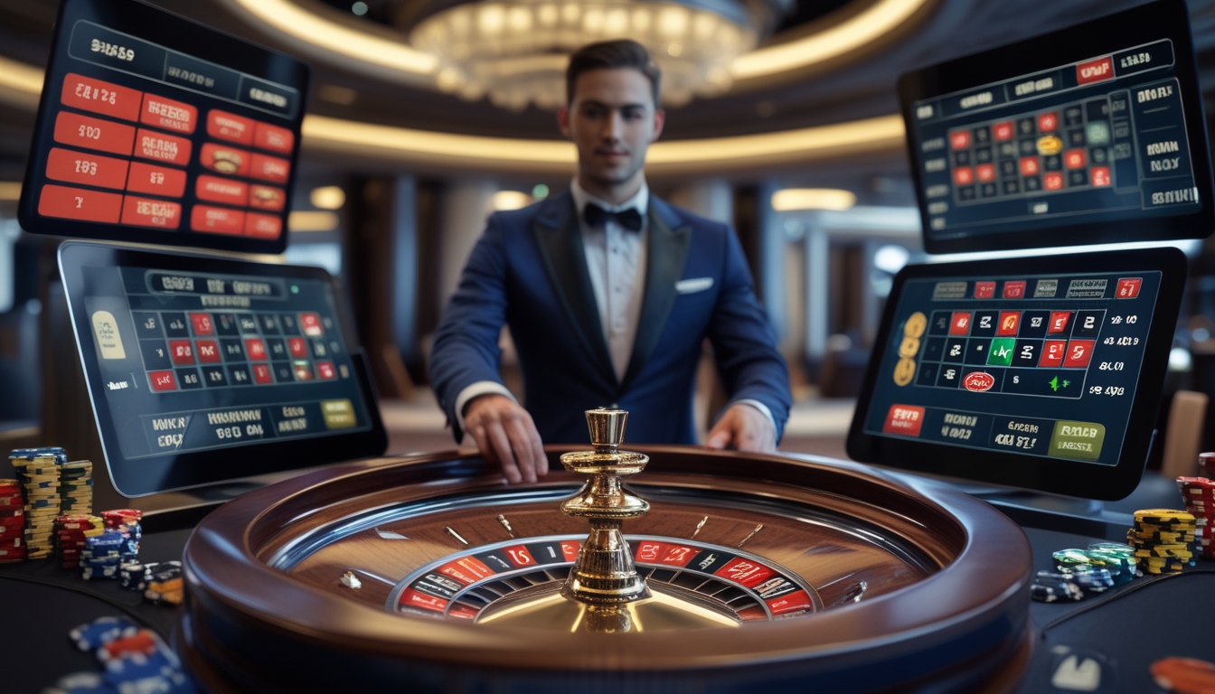 Seorang dealer live bermain roulette di kasino modern dengan layar digital menampilkan statistik permainan dan opsi taruhan.
