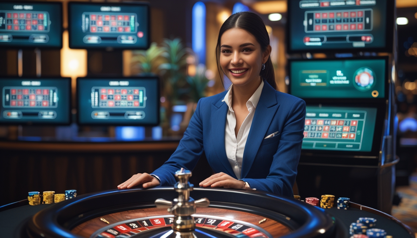 Seorang dealer wanita tersenyum di meja roulette dengan layar digital di latar belakang menampilkan permainan roulette online.