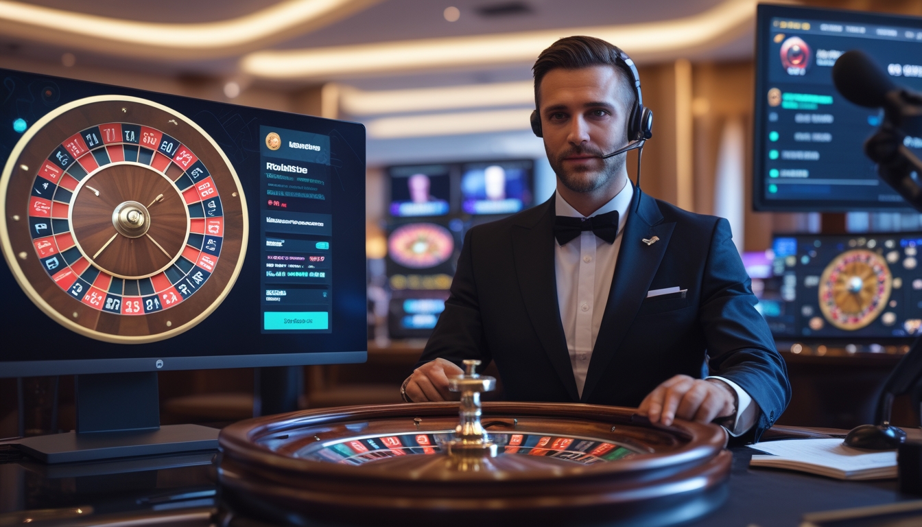 Seorang dealer pria sedang menjalankan permainan roulette online langsung dengan latar belakang studio kasino yang terang dan modern.