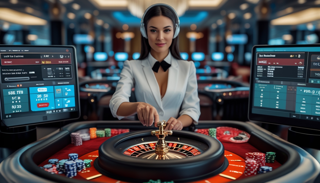 Seorang dealer wanita profesional sedang memutar roda roulette di meja kasino dengan layar komputer menampilkan opsi taruhan online di latar belakang.