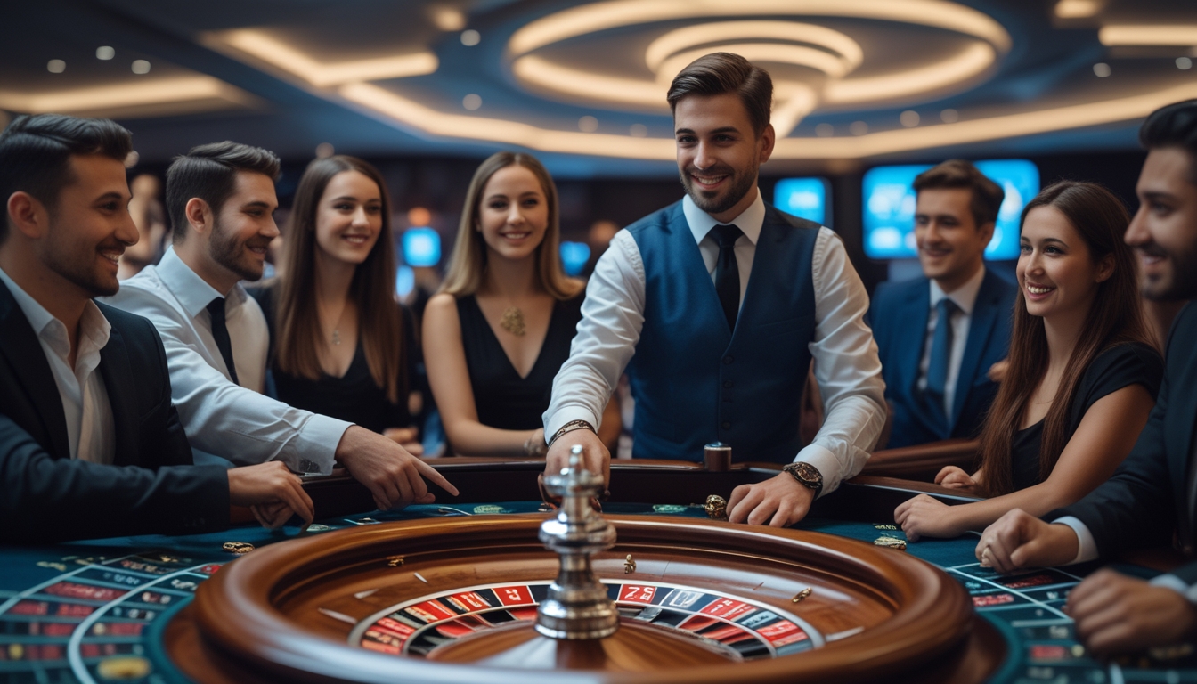 Seorang dealer live casino sedang memutar roda roulette di meja dengan beberapa pemain memperhatikan dengan antusias di lingkungan kasino yang elegan.
