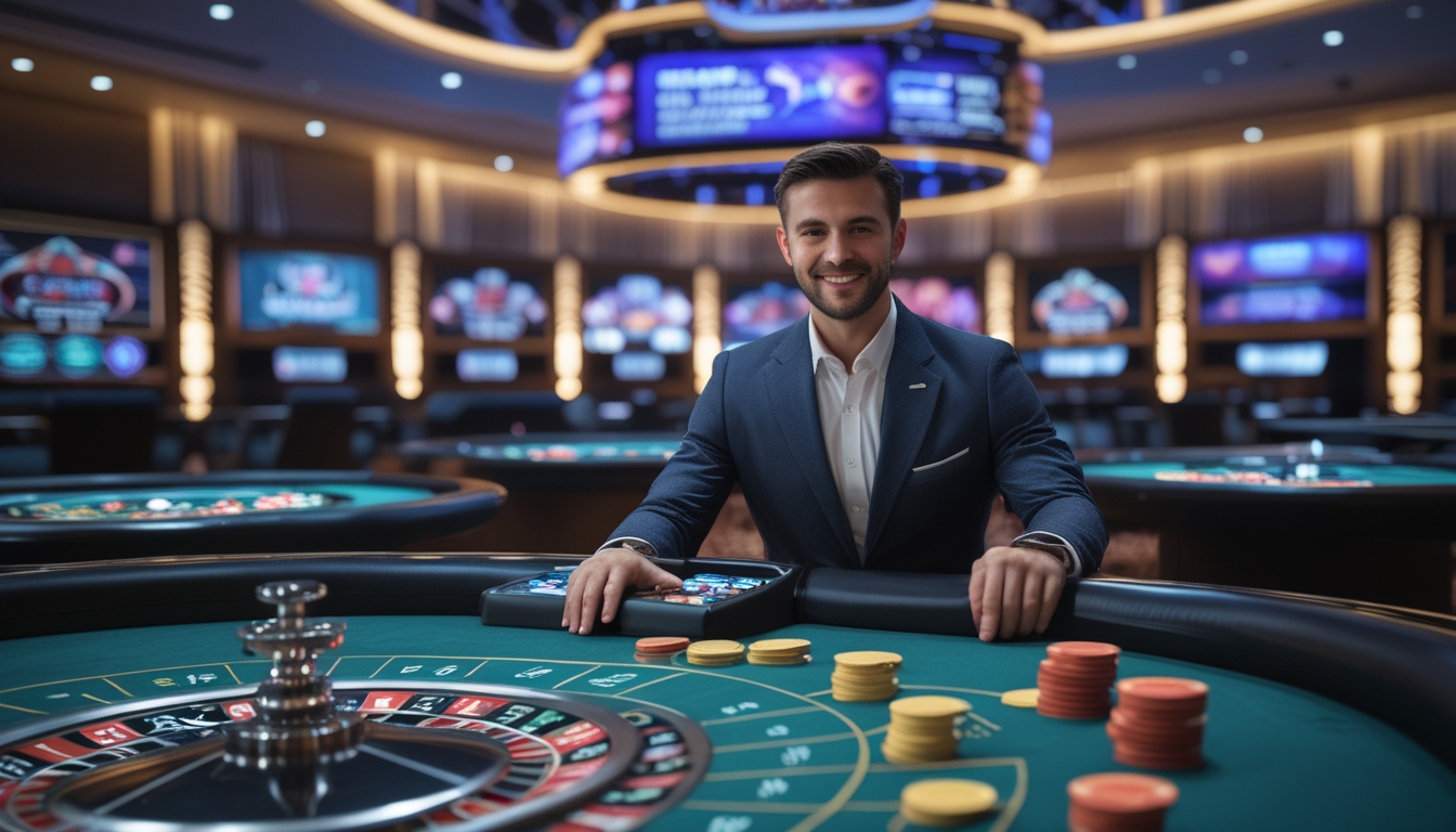 Seorang dealer profesional sedang mengoperasikan meja roulette dengan chip berwarna-warni di lingkungan kasino modern.