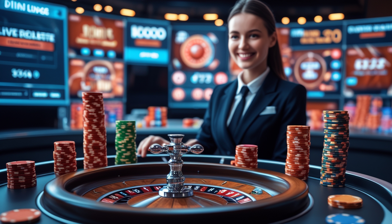 Seorang dealer live tersenyum di meja roulette dengan roda roulette yang berputar dan tumpukan chip di sekitarnya, layar digital menampilkan grafik bonus dan promosi permainan roulette online.