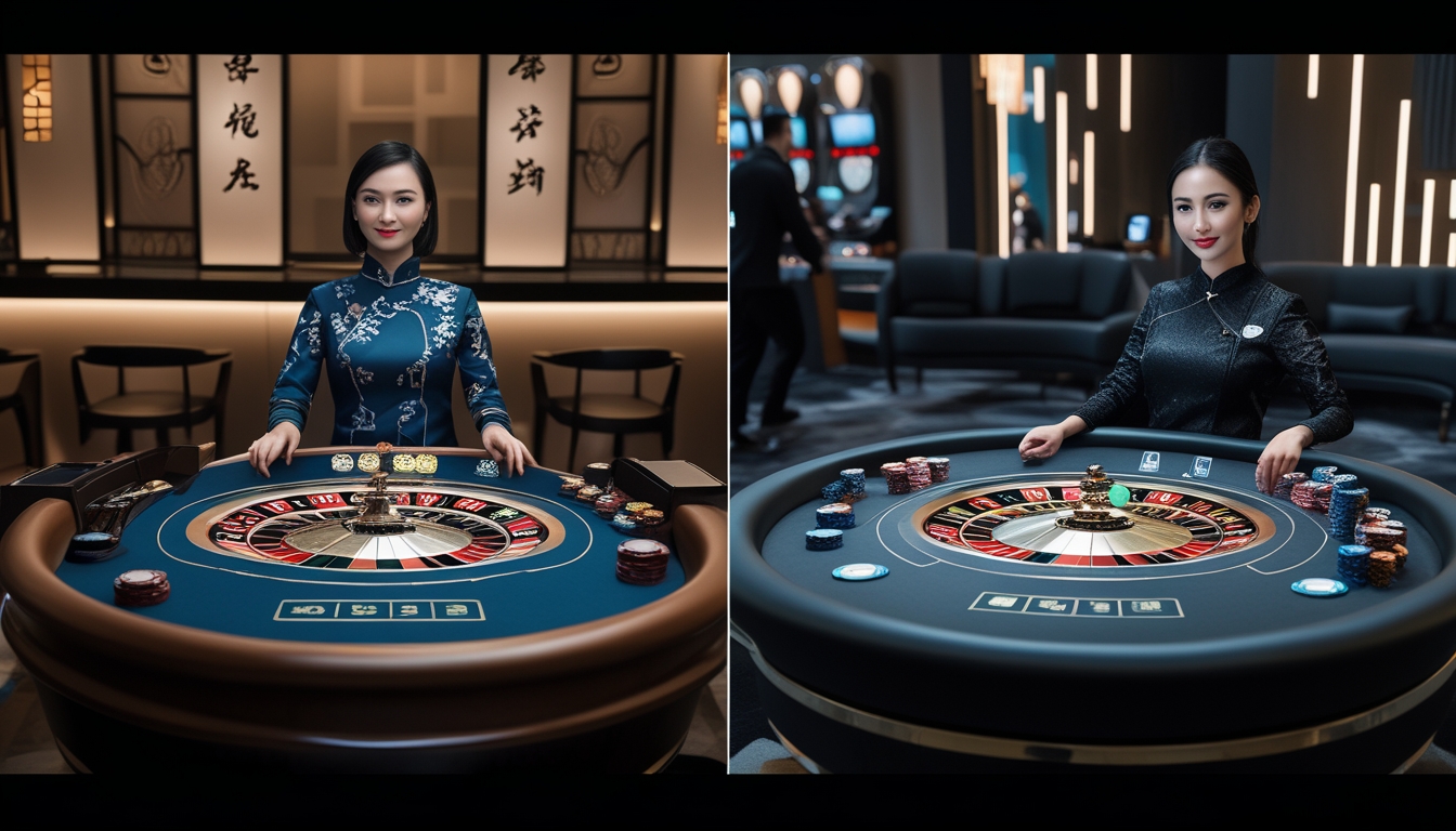 Dua meja roulette live dealer berdampingan, satu dengan tema Asia dan satu dengan tema internasional, menampilkan dealer dan suasana yang berbeda.