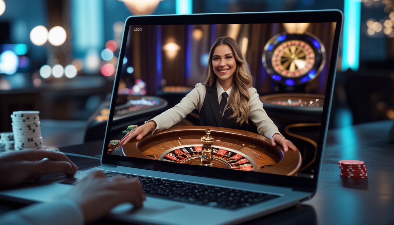 Seorang dealer wanita tersenyum di depan meja roulette langsung yang terlihat di layar komputer dalam suasana kasino modern.