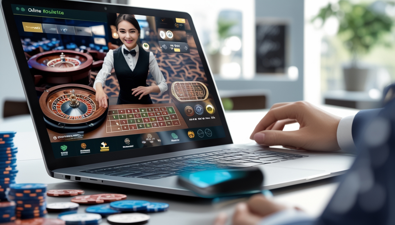 Seseorang bermain roulette online dengan dealer langsung terlihat di layar komputer di ruang kerja modern.