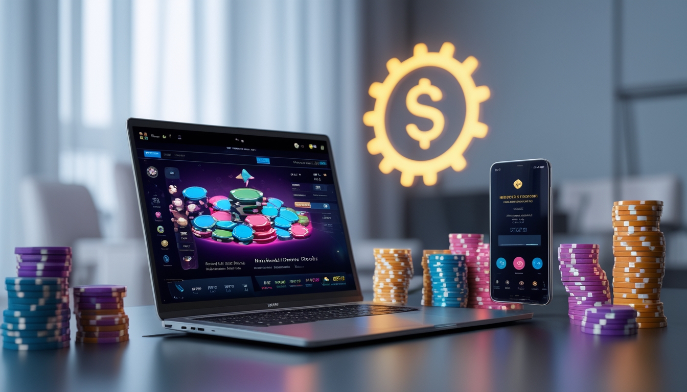 Sebuah meja kerja modern dengan laptop yang menampilkan permainan poker online, tumpukan chip poker, dan ponsel yang menunjukkan transaksi deposit.