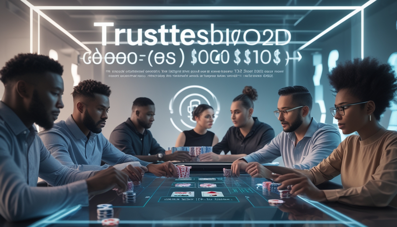 Sekelompok pemain poker online yang fokus bermain di meja digital dengan kartu dan chip, menunjukkan suasana permainan poker yang terpercaya dan modern.