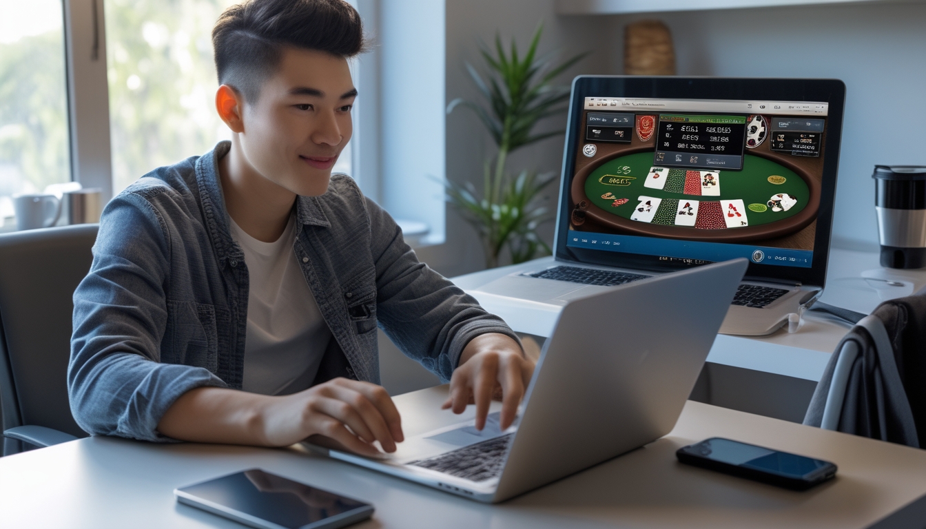Seorang dewasa muda duduk di meja modern menggunakan laptop untuk bermain poker online dengan ekspresi fokus.