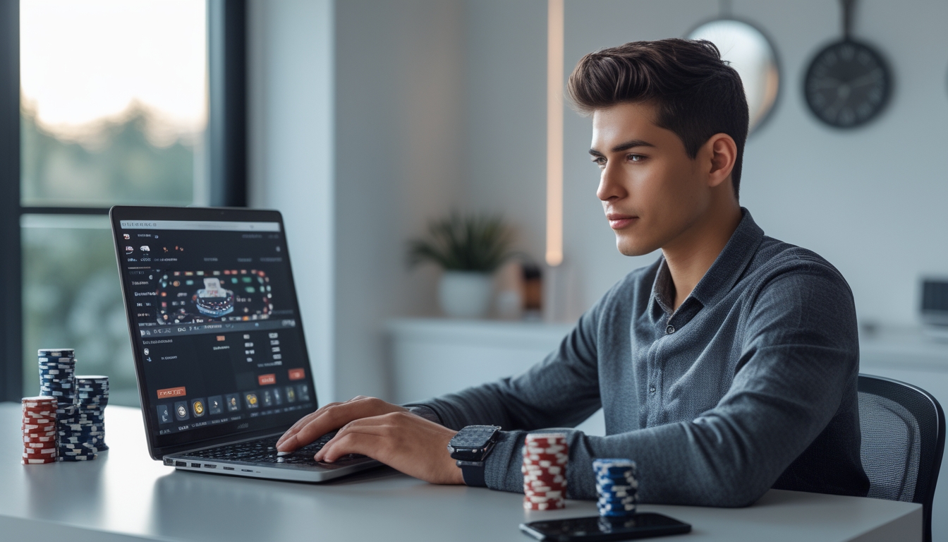 Seorang pria muda duduk di depan laptop dengan tumpukan kartu dan chip poker di meja, terlihat fokus bermain poker online di ruang kerja yang terang.