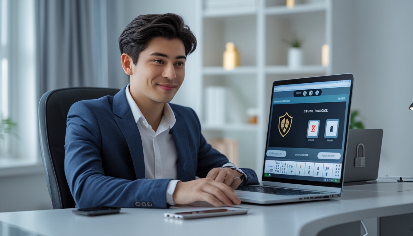 Seorang dewasa muda duduk di meja modern dengan laptop yang menampilkan permainan poker, di lingkungan kantor rumah yang terang dan aman.