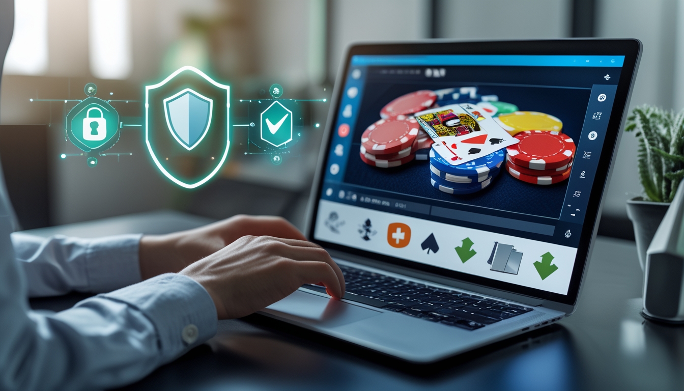 Tangan seseorang menggunakan komputer dengan tampilan permainan poker online dan simbol keamanan di sekitarnya.