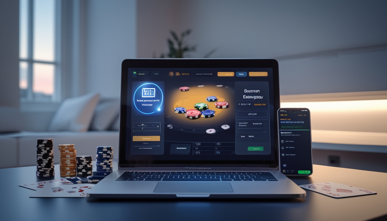 Sebuah meja kerja dengan komputer yang menampilkan permainan poker online, kartu remi, dan chip poker, serta ponsel yang menunjukkan konfirmasi transaksi cepat.