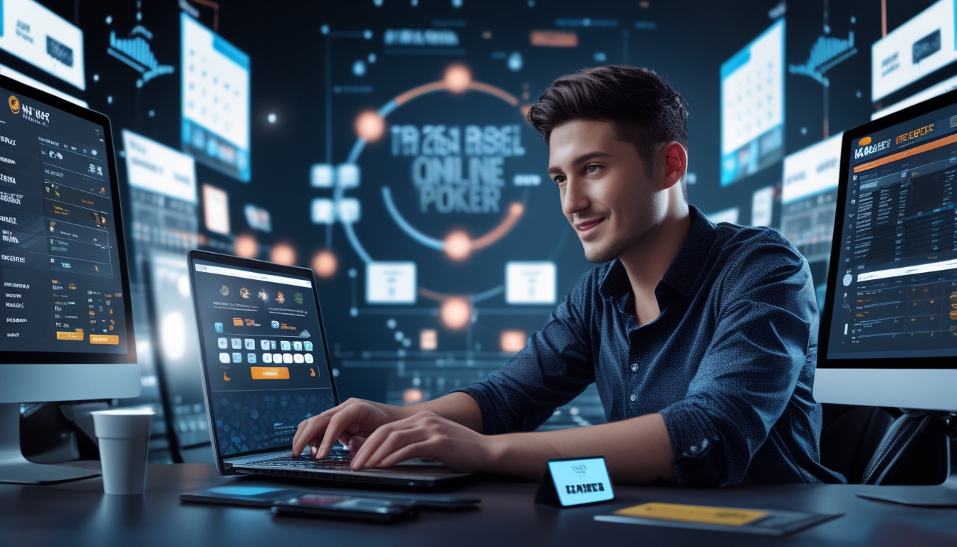 Seorang pria duduk di depan laptop dengan layar menampilkan permainan poker online dan ikon transaksi cepat, di meja terdapat ponsel dan kartu kredit.