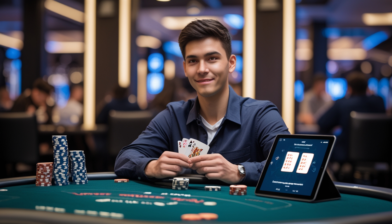 Seorang pria muda duduk di meja poker dengan kartu dan chip poker, tampak fokus dan percaya diri di lingkungan kasino modern.