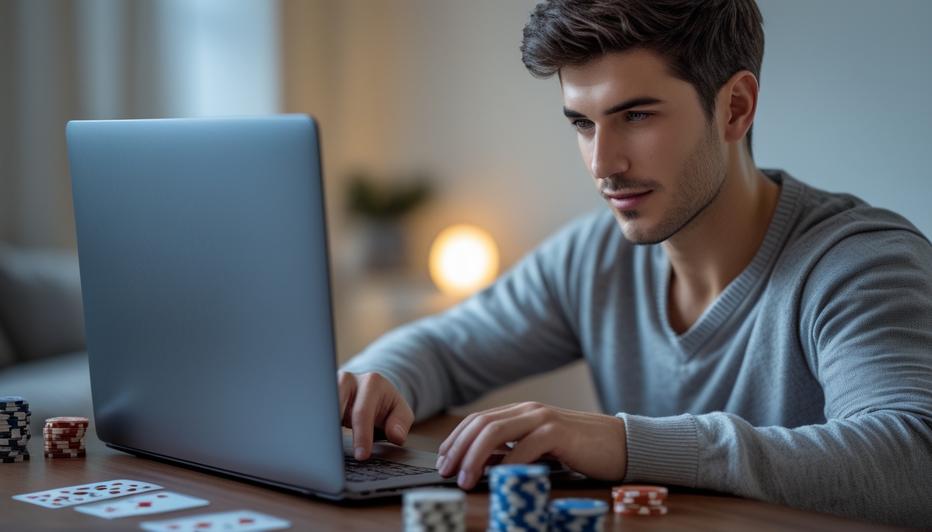 Seorang pria muda fokus bermain poker online di laptop dengan tumpukan chip poker di meja dan suasana ruangan yang nyaman.