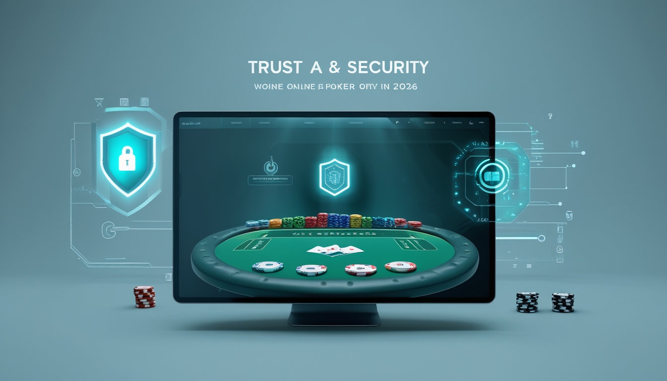 Sebuah meja poker digital modern di layar komputer dengan simbol keamanan seperti perisai dan kunci di latar belakang.