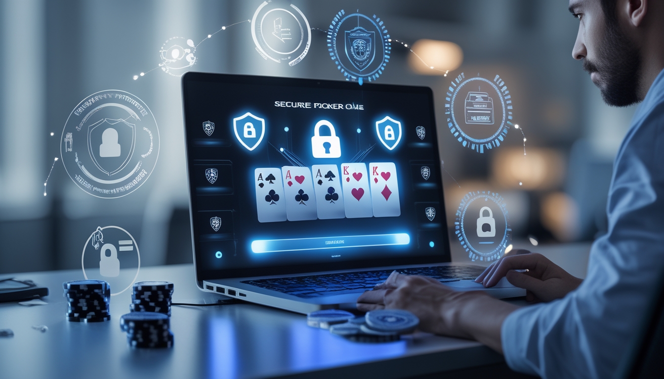 Seorang pemain poker online sedang menggunakan perangkat digital dengan tampilan kartu dan chip poker, dikelilingi simbol keamanan digital di lingkungan kantor yang modern.
