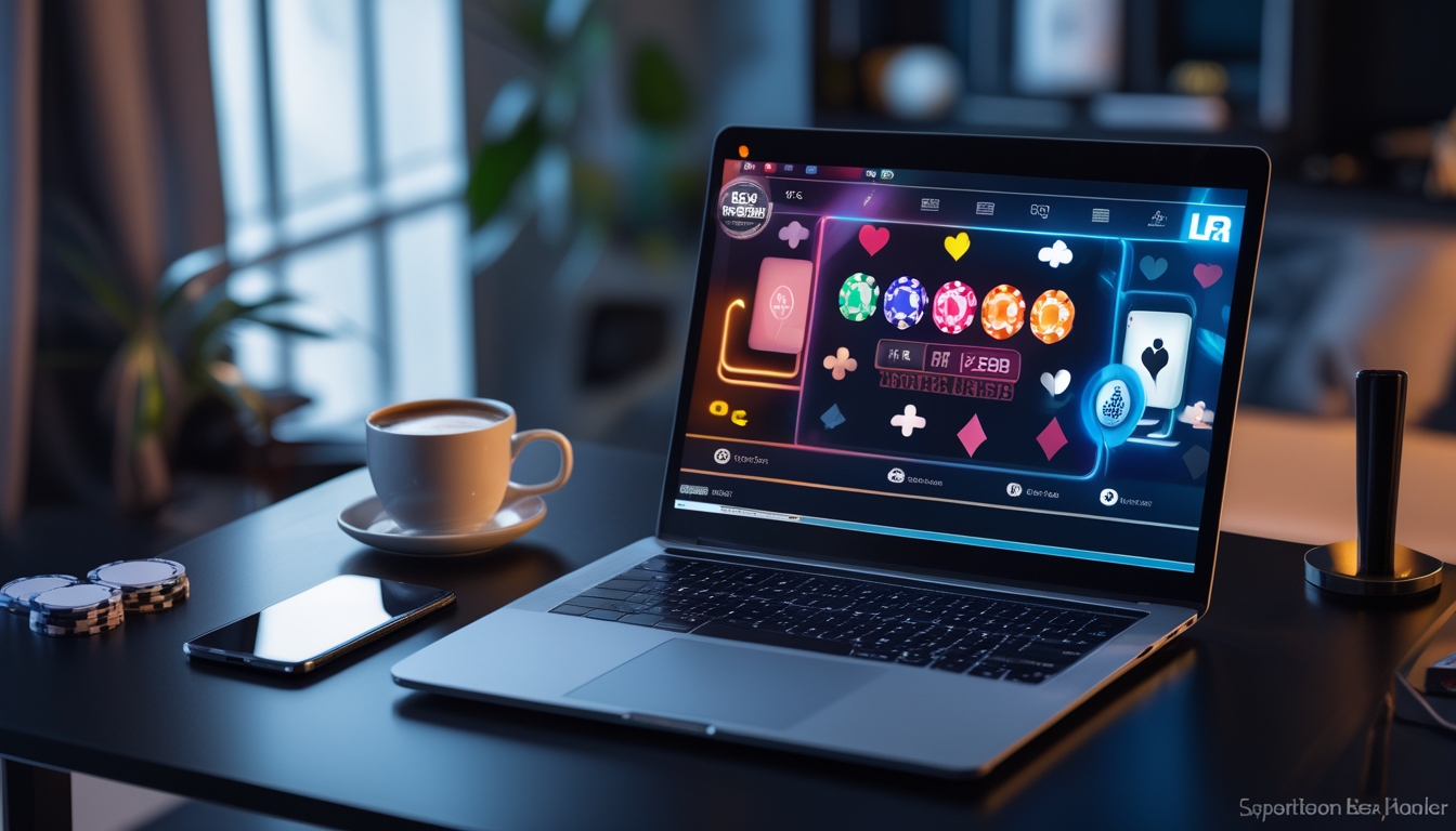 Sebuah meja dengan komputer menampilkan permainan poker online, chip poker, kartu, dan ponsel di ruangan yang nyaman dan terang.