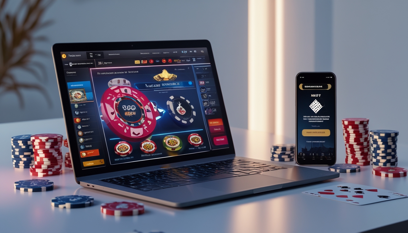 Seorang pemain sedang menggunakan komputer dengan tampilan permainan poker online dan chip poker di meja.