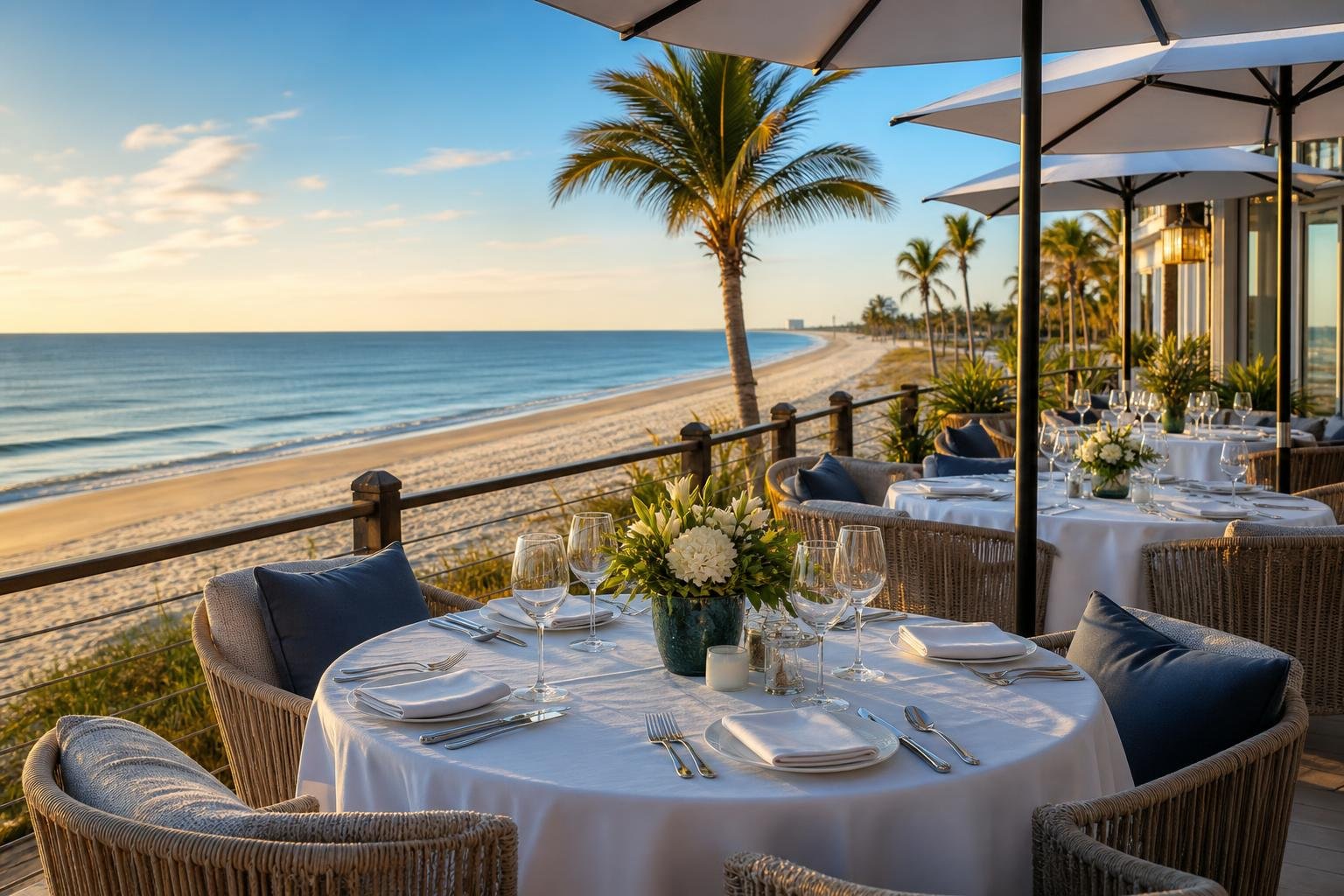 Empty outdoor dining tables set on a terrace overlooking a calm ocean and sandy beach with palm trees.