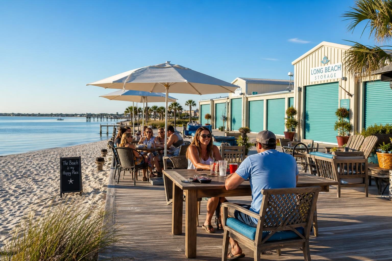 Outdoor beachfront dining area with tables and umbrellas near calm blue water and storage units in the background.