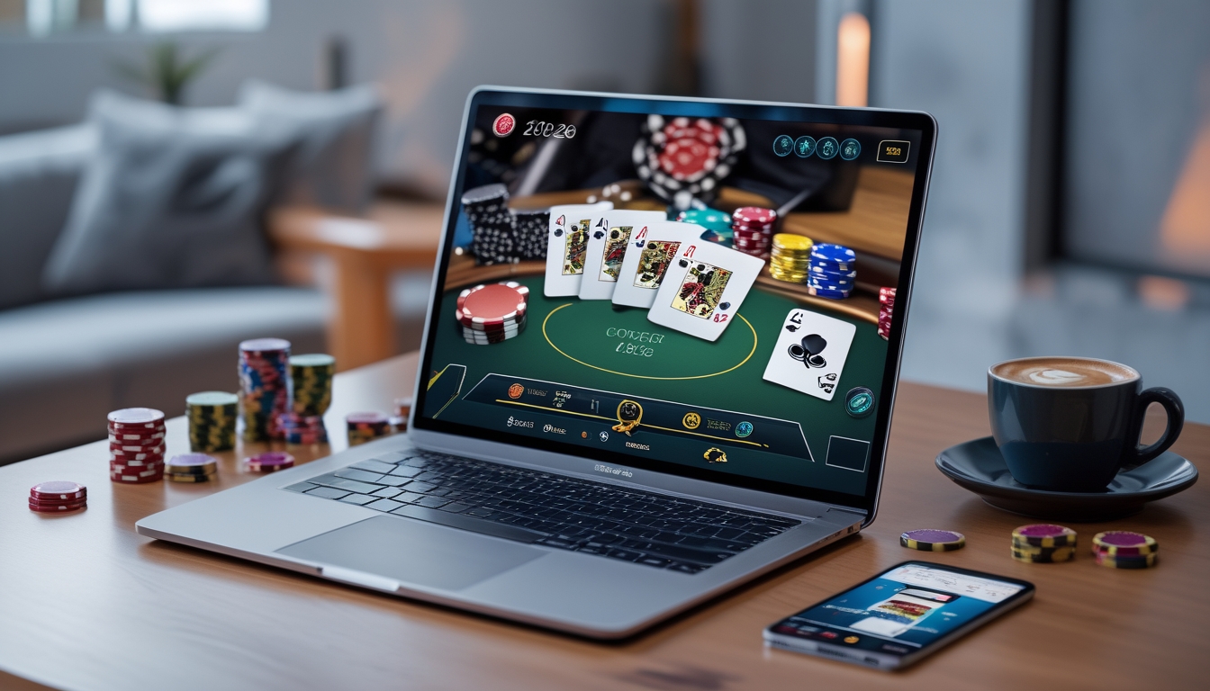 Seorang pemain poker online menggunakan laptop dengan chip poker dan kartu di meja kayu dalam ruangan yang nyaman.