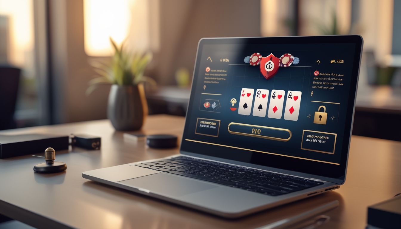 Sebuah meja kerja modern dengan laptop menampilkan permainan poker online, chip poker, kartu bermain, dan simbol keamanan seperti gembok dan perisai.