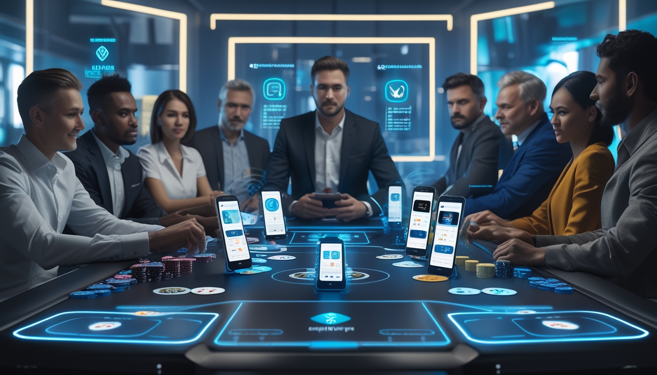 Sekelompok orang bermain poker dengan perangkat digital di meja, menunjukkan metode pembayaran digital yang aman dan terpercaya.