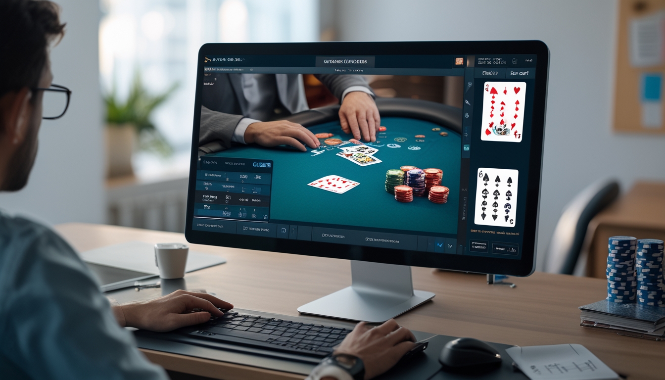Seorang pemain poker online sedang bermain di depan komputer dengan kartu dan chip poker di layar, di meja terdapat tumpukan chip, kopi, ponsel, dan catatan strategi.