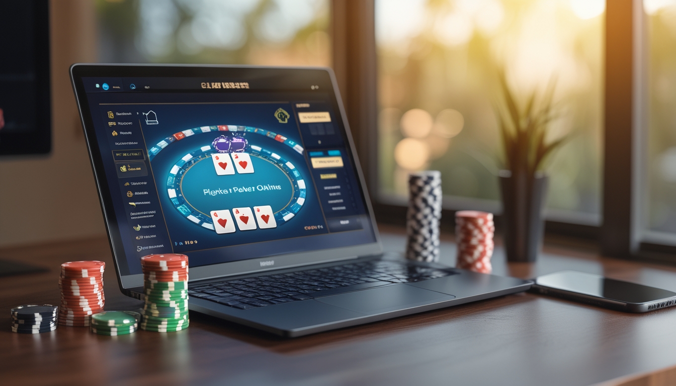 Seorang pemain poker online menggunakan laptop dengan kartu dan chip poker di meja, menunjukkan suasana bermain poker online yang serius dan fokus.