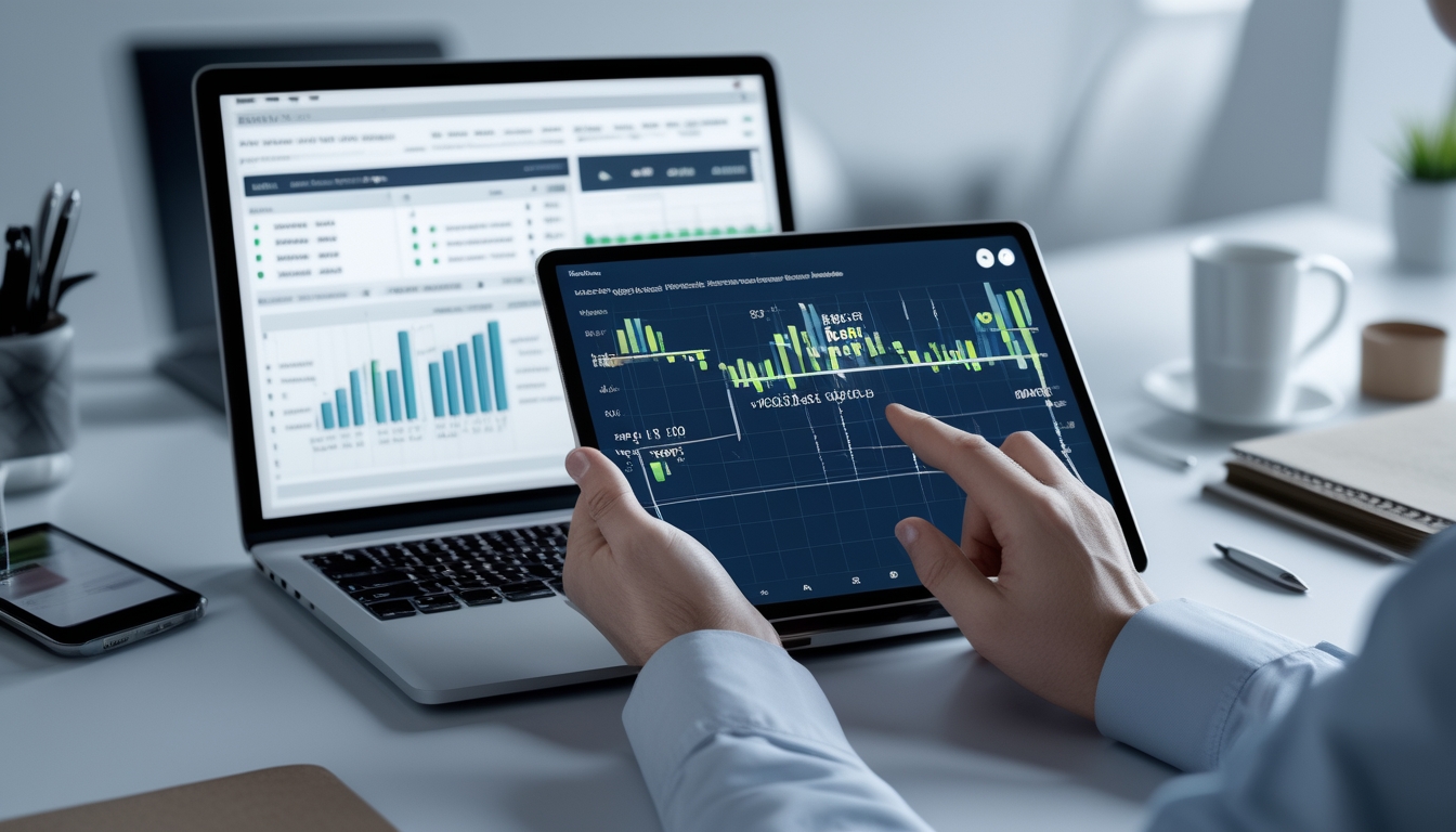 Meja kerja modern dengan perangkat digital yang menampilkan grafik dan data angka togel, seseorang sedang menganalisis pola angka terbaru.