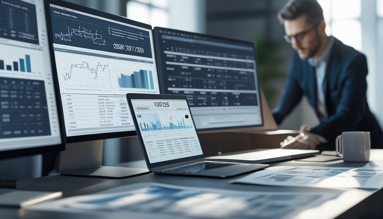 Sebuah meja kerja modern dengan beberapa layar komputer menampilkan grafik dan data angka, seorang analis fokus bekerja di latar belakang.
