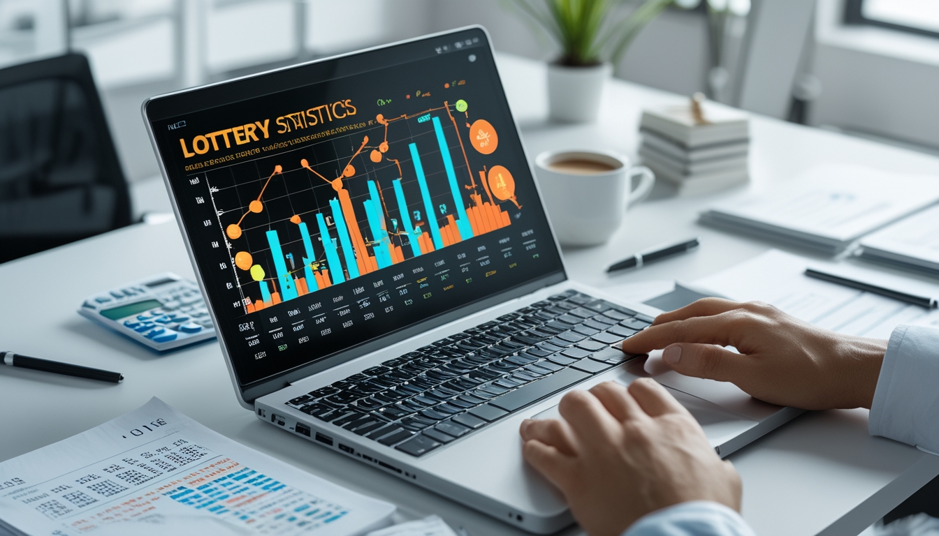 Meja kerja dengan laptop yang menampilkan grafik statistik dan tangan seseorang sedang menggunakan laptop di lingkungan kantor yang terang dan rapi.