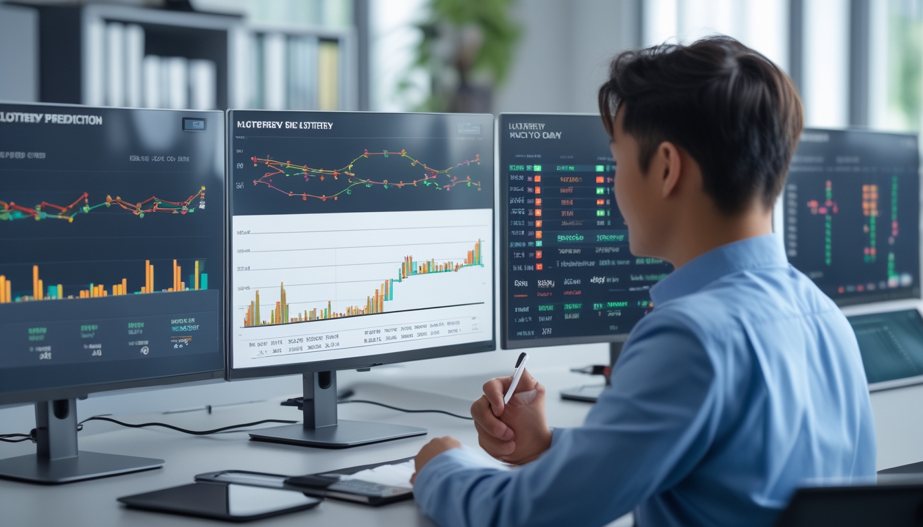 Seorang profesional sedang menganalisis data statistik togel di depan beberapa layar komputer dengan grafik dan tabel di sebuah ruang kantor yang terang.