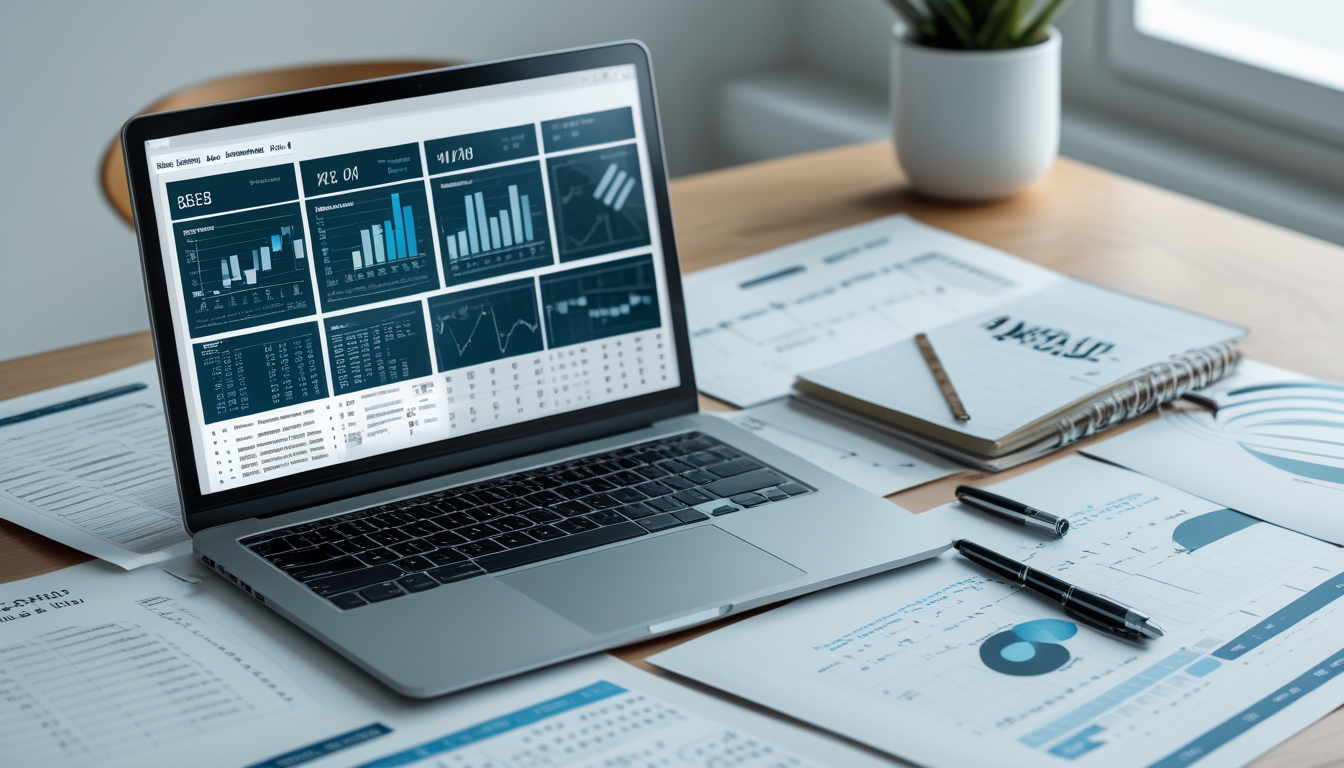 Meja kerja dengan laptop yang menampilkan grafik dan tabel data, notebook dengan catatan, dan alat tulis di sekitarnya.
