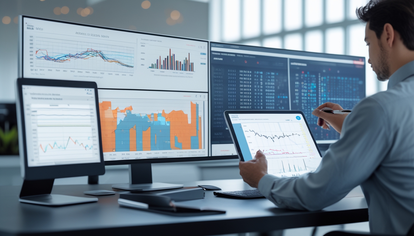 Seorang profesional sedang menganalisis data angka togel dengan beberapa layar komputer yang menampilkan grafik dan pola angka di sebuah kantor modern.