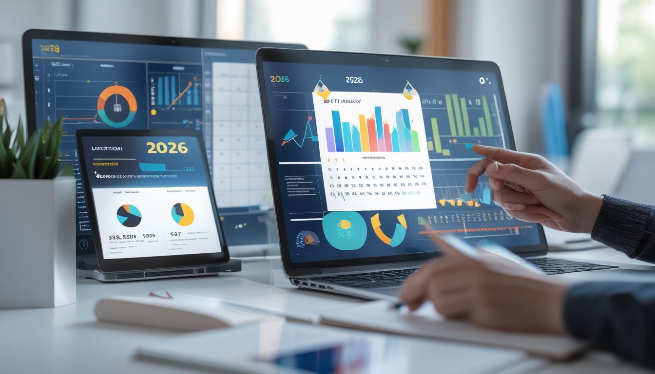 Meja kerja modern dengan perangkat digital menampilkan grafik dan data angka, tangan seseorang sedang menunjuk layar, di latar belakang kantor yang rapi dan terang.