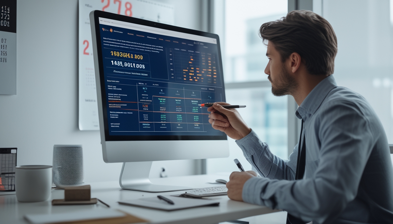 Seorang profesional sedang menganalisis data angka dan grafik pada layar komputer di ruang kerja modern.