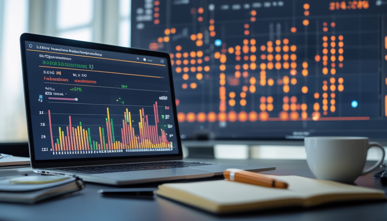 Meja kerja dengan laptop yang menampilkan grafik dan data angka, dikelilingi buku catatan dan cangkir kopi, dengan layar digital di latar belakang yang menunjukkan data angka dan peta panas.