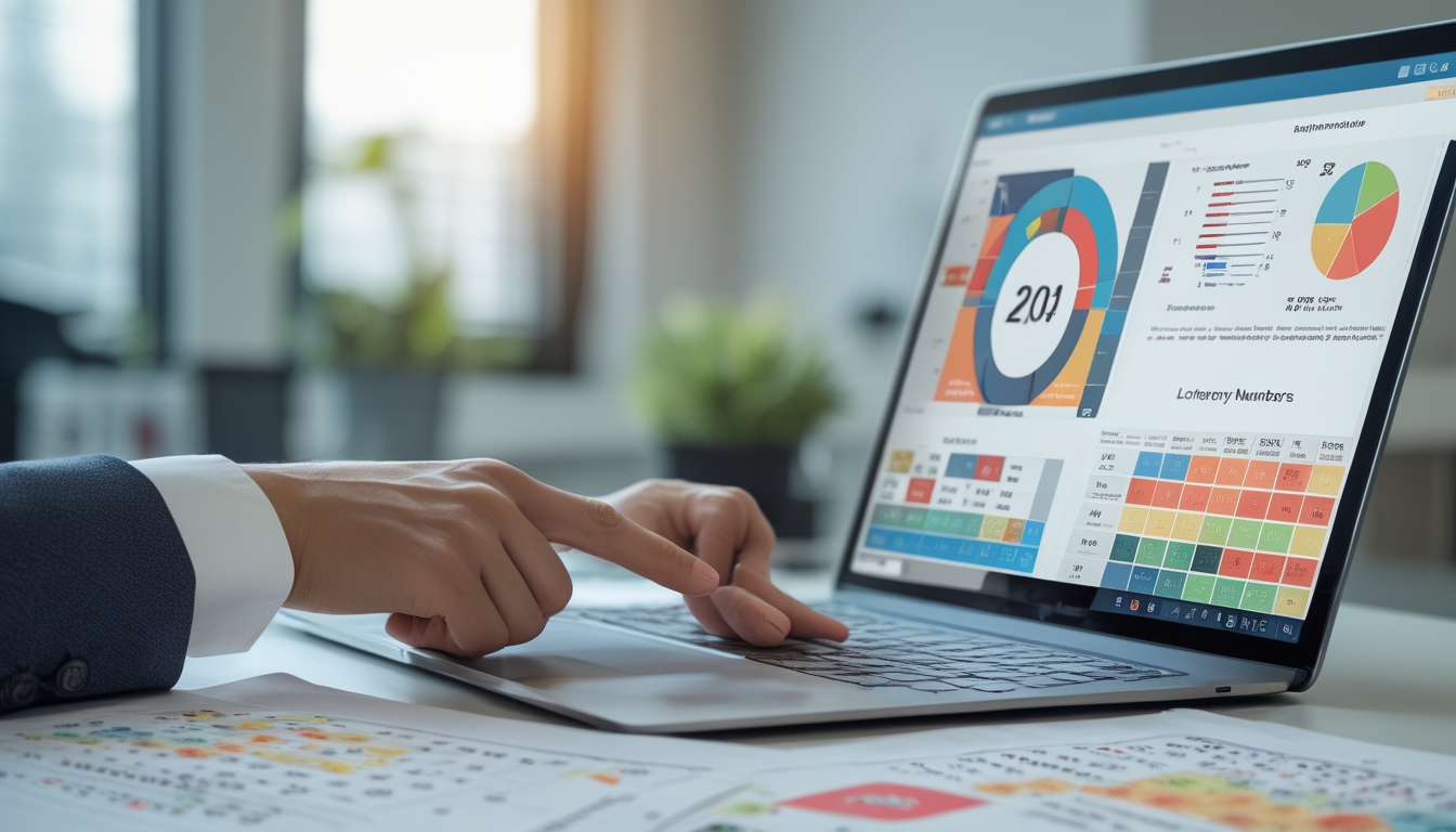 Seseorang sedang menganalisis grafik dan tabel angka togel di depan laptop di sebuah meja kerja.