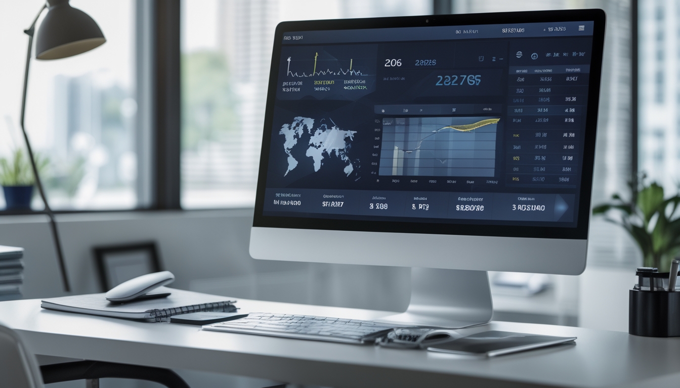 Meja kerja modern dengan komputer yang menampilkan grafik dan data statistik harian dari beberapa wilayah.