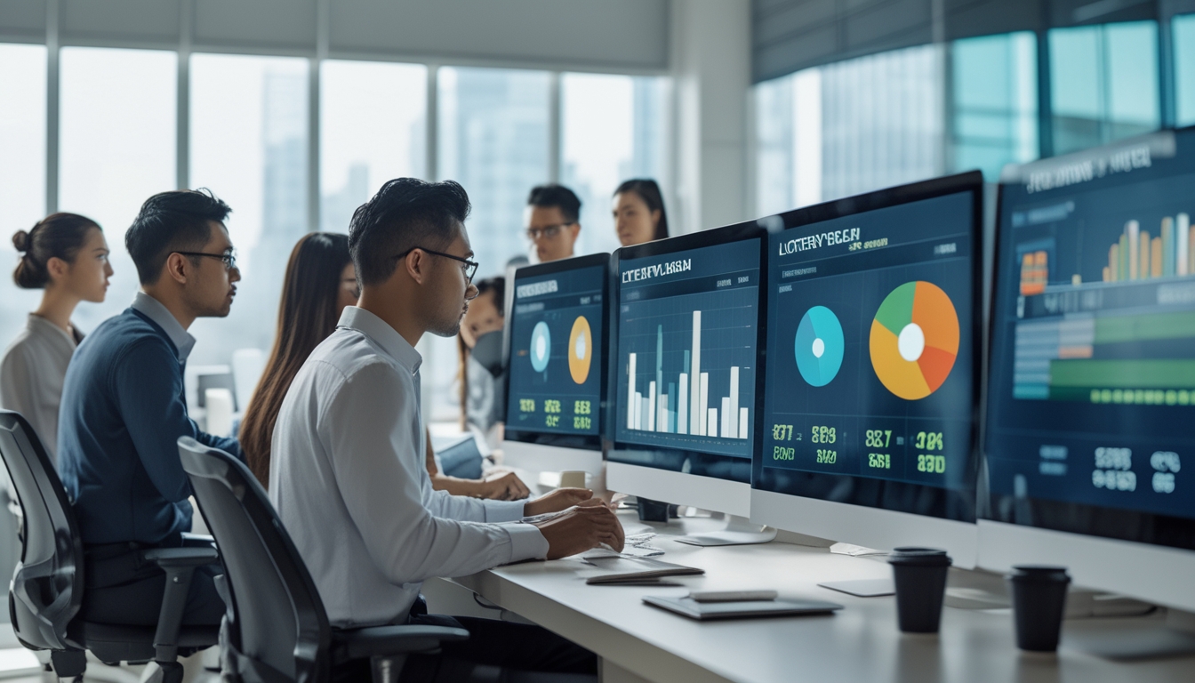 Sekelompok profesional sedang menganalisis data statistik harian pada layar komputer di kantor modern.