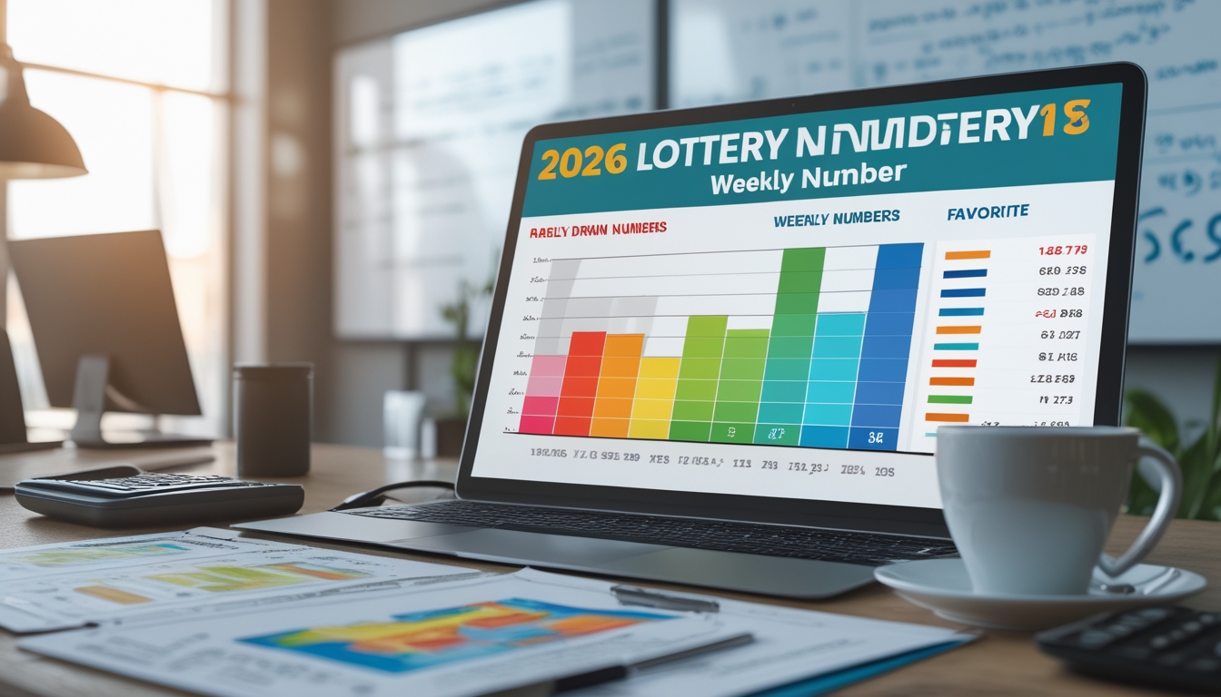 Meja kerja dengan laptop yang menampilkan grafik dan data statistik angka togel, dilengkapi dengan kalkulator dan secangkir kopi.