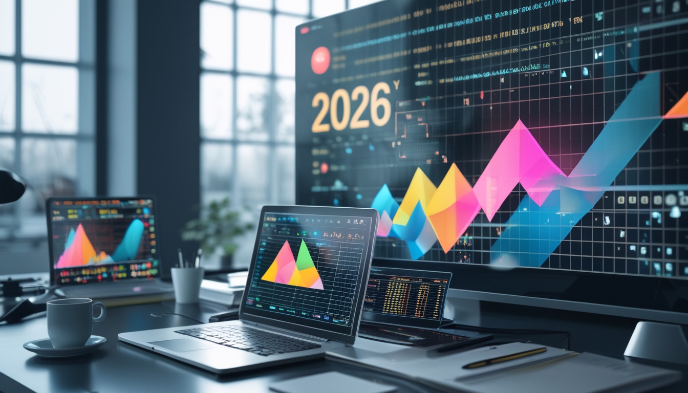 Suasana ruang kerja modern dengan perangkat digital menampilkan grafik dan data angka untuk prediksi togel tahun 2026.