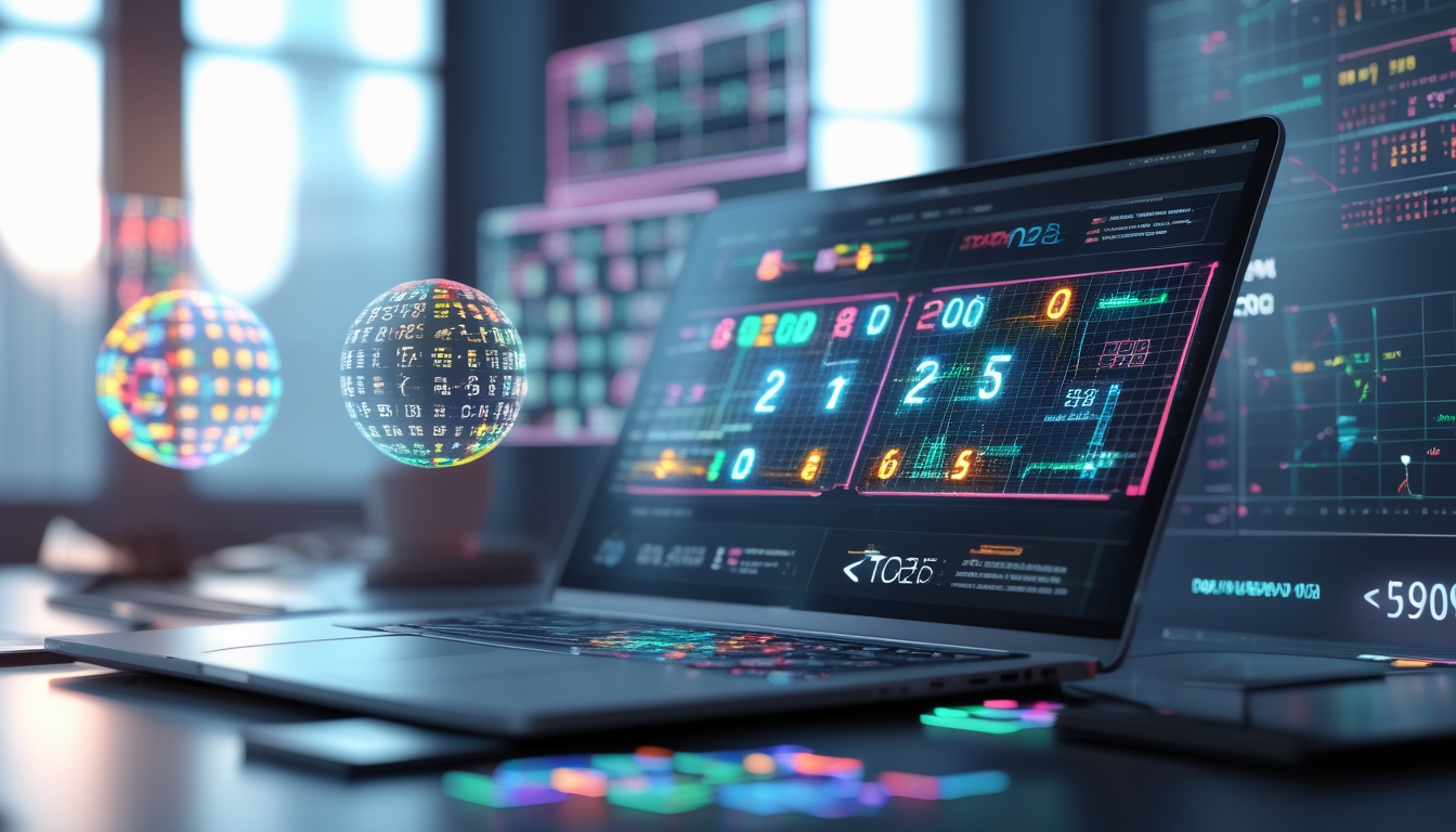 Sebuah ruang kerja modern dengan laptop yang menampilkan pola angka dan bentuk geometris 2D, 3D, dan 4D, dikelilingi grafik dan hologram digital yang memproyeksikan angka dan pola kompleks.